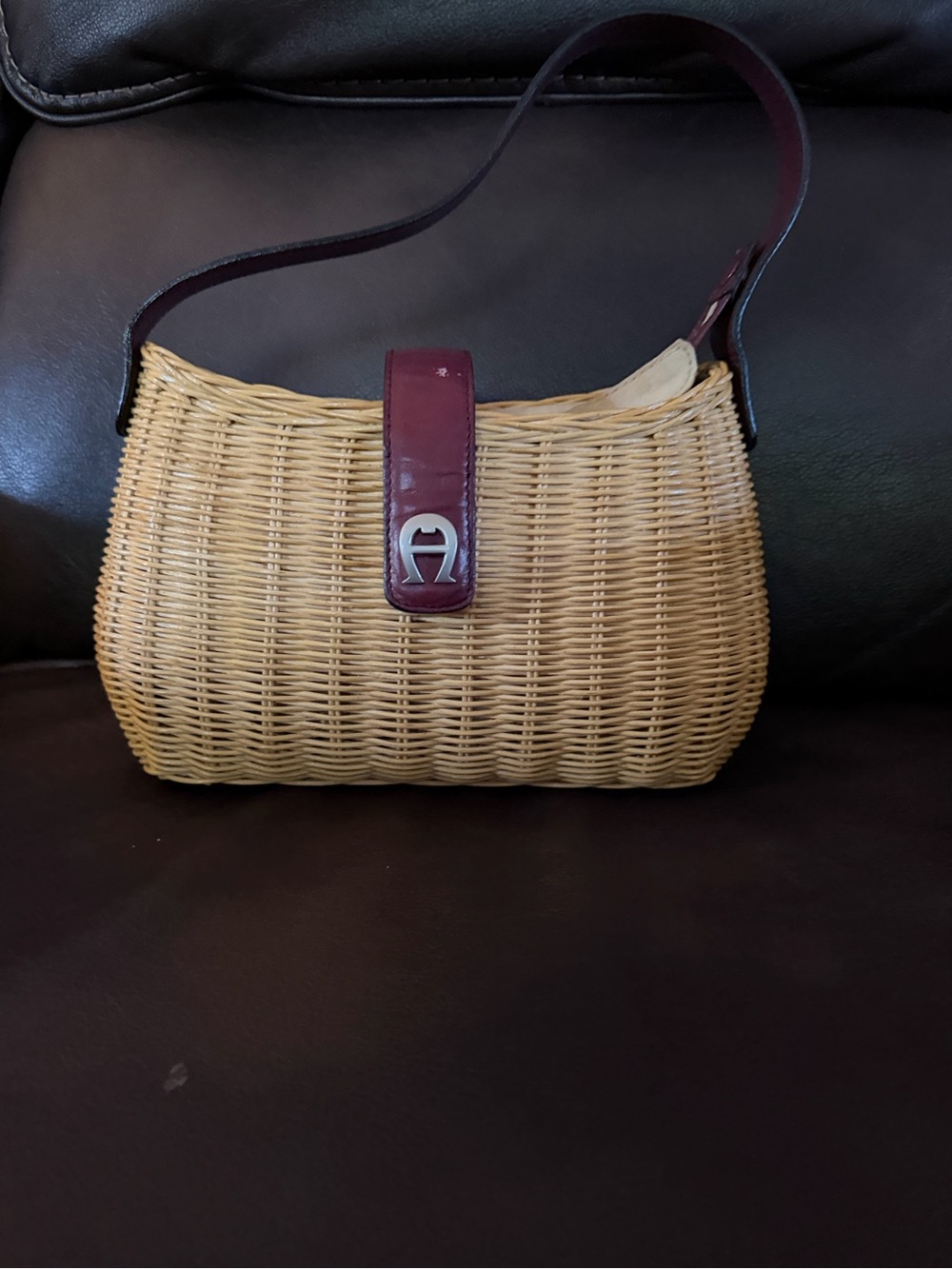 Woven Straw Shoulder Bag with Burgundy Leather Trim